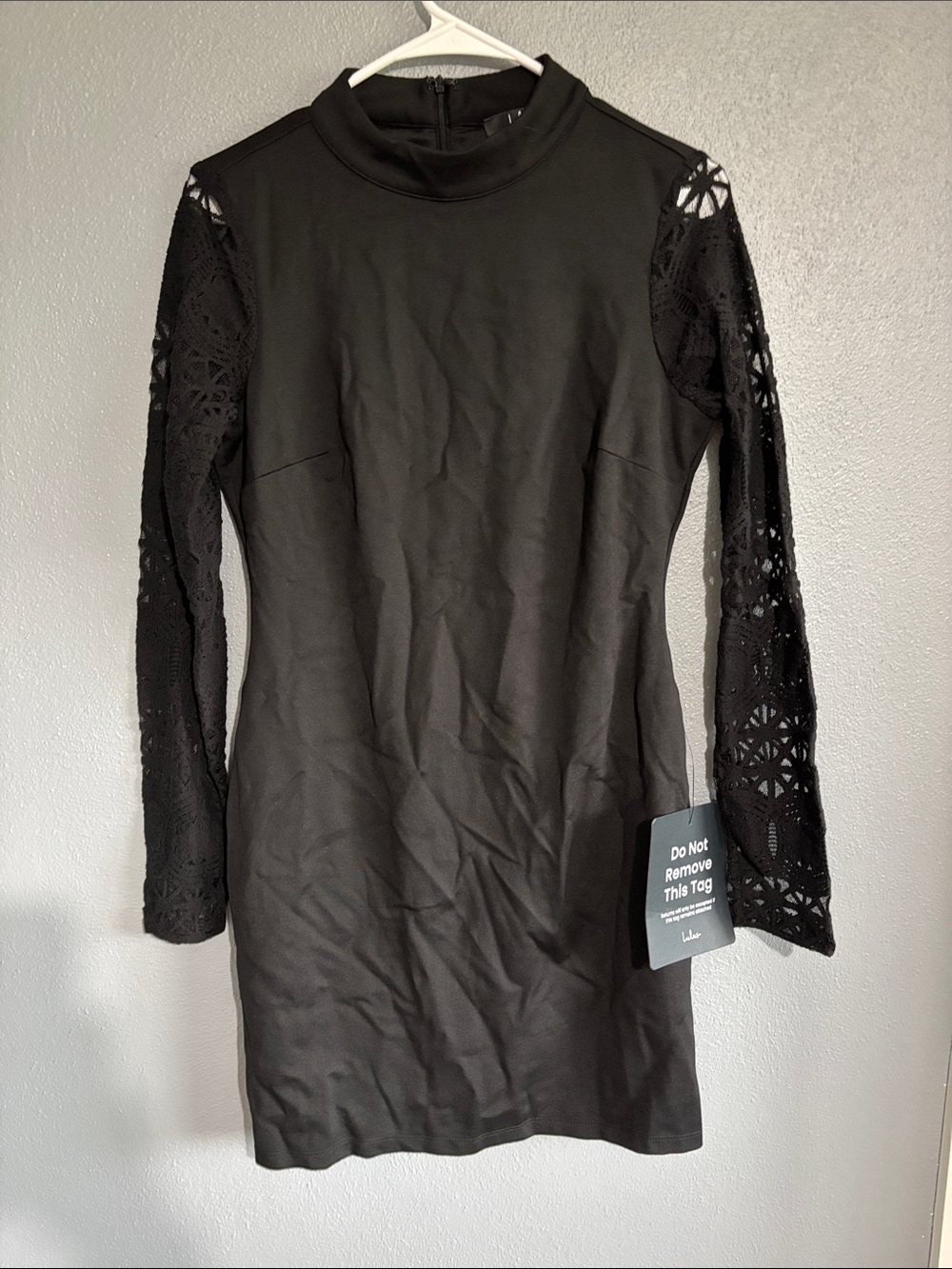 Lulu's Black Lace-Sleeve Mock Neck Dress